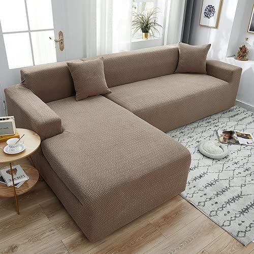 OKJK Jacquard Sofa überzug l Form All-Inclusive elastisch einfarbig verdickend modern schlicht Chaiselongue sofabezug, Wohnzimmer Kombination Sofaschutz (Light Coffee,2 Seater 145-185cm) von OKJK