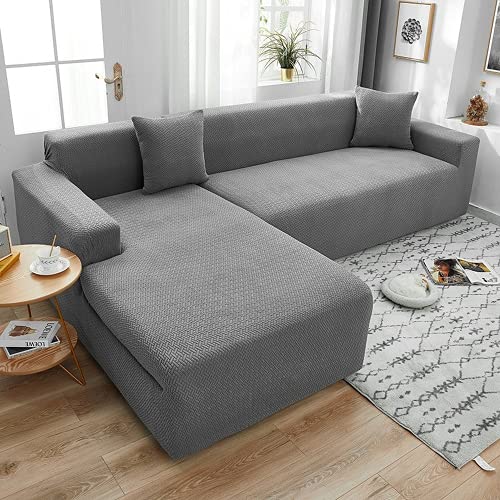 OKJK Jacquard Sofa überzug l Form All-Inclusive elastisch einfarbig verdickend modern schlicht Chaiselongue sofabezug, Wohnzimmer Kombination Sofaschutz (Light Gray,4 Seater and 2 Seater) von OKJK