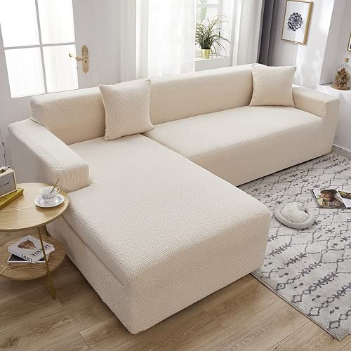 OKJK Jacquard Sofa überzug l Form All-Inclusive elastisch einfarbig verdickend modern schlicht Chaiselongue sofabezug, Wohnzimmer Kombination Sofaschutz (Off-White,4 Seater and 2 Seater) von OKJK