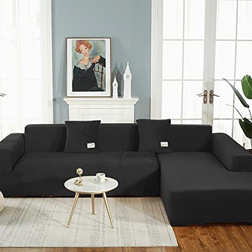 OKJK Samt Sofaüberwurf Stretch All-Inclusive Couchbezug Eckcouch, Wohnzimmer Vier Jahreszeiten universeller l Form Sofabezug, Pflegeleichter Sofaschutz (Black,Part B-B 235-300cm) von OKJK