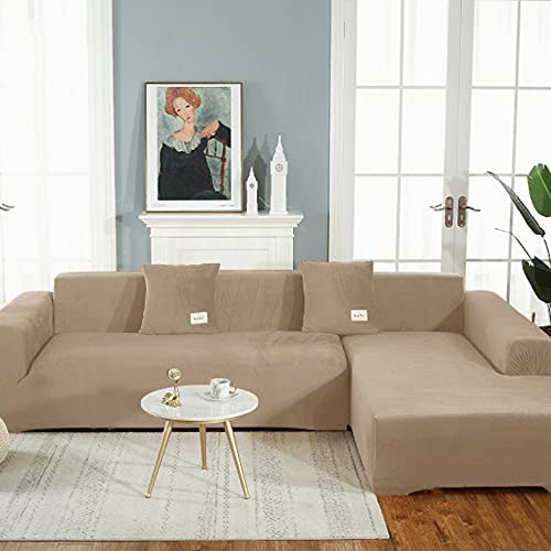 OKJK Samt Sofaüberwurf Stretch All-Inclusive Couchbezug Eckcouch, Wohnzimmer Vier Jahreszeiten universeller l Form Sofabezug, Pflegeleichter Sofaschutz (Camel,Part A-A 190-230cm) von OKJK