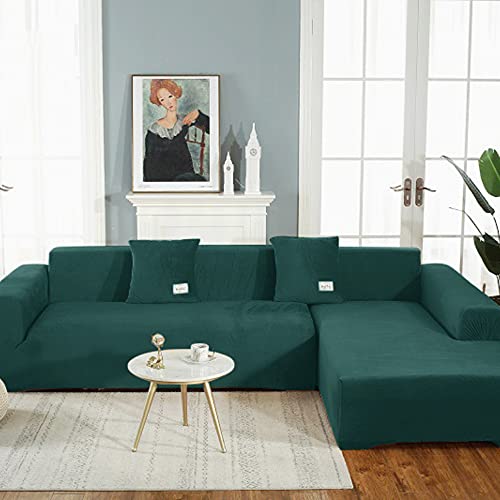 OKJK Samt Sofaüberwurf Stretch All-Inclusive Couchbezug Eckcouch, Wohnzimmer Vier Jahreszeiten universeller l Form Sofabezug, Pflegeleichter Sofaschutz (Dark Green,Part B-B 235-300cm) von OKJK