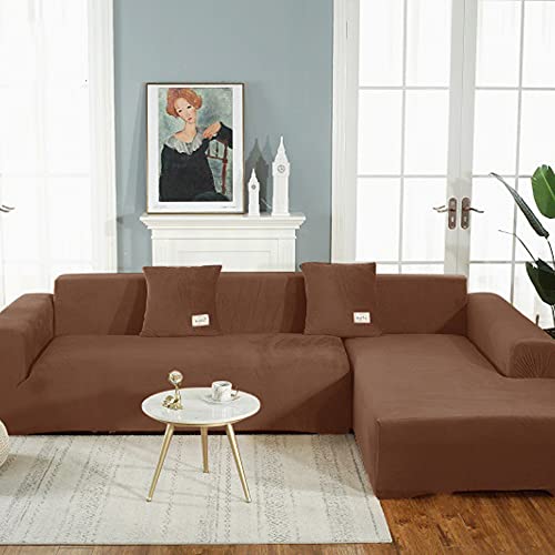 OKJK Samt Sofaüberwurf Stretch All-Inclusive Couchbezug Eckcouch, Wohnzimmer Vier Jahreszeiten universeller l Form Sofabezug, Pflegeleichter Sofaschutz (Deep Coffee,Part A-A 140-185cm) von OKJK