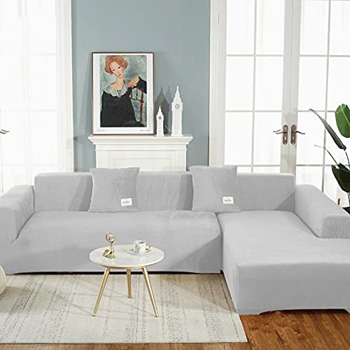 OKJK Samt Sofaüberwurf Stretch All-Inclusive Couchbezug Eckcouch, Wohnzimmer Vier Jahreszeiten universeller l Form Sofabezug, Pflegeleichter Sofaschutz (Light Gray,Part A-A 190-230cm) von OKJK