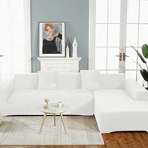 OKJK Samt Sofaüberwurf Stretch All-Inclusive Couchbezug Eckcouch, Wohnzimmer Vier Jahreszeiten universeller l Form Sofabezug, Pflegeleichter Sofaschutz (Milky White,Part A-A 190-230cm) von OKJK