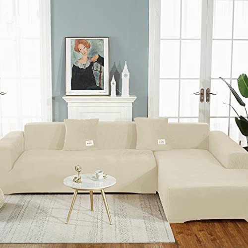 OKJK Samt Sofaüberwurf Stretch All-Inclusive Couchbezug Eckcouch, Wohnzimmer Vier Jahreszeiten universeller l Form Sofabezug, Pflegeleichter Sofaschutz (Off-White,Part B-B 140-185cm) von OKJK