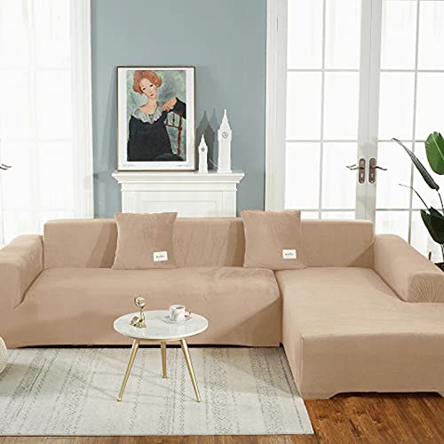 OKJK Samt Sofaüberwurf Stretch All-Inclusive Couchbezug Eckcouch, Wohnzimmer Vier Jahreszeiten universeller l Form Sofabezug, Pflegeleichter Sofaschutz (Rice Camel,Part A-A 235-300cm) von OKJK