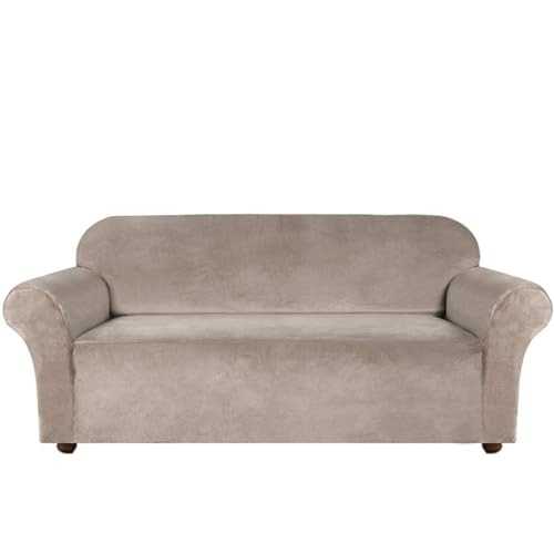 OKJK Samt sofabezug Stretch, für Wohnzimmer sofaschoner rutschfest, Sofa überzug elastischer Möbelbezug, Alles inklusive, staubdicht, für die meisten Sofas geeignet (Taupe,4 Seater 230-300cm) von OKJK