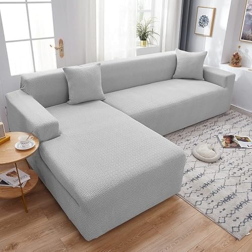 OKJK Sofabezug l Form Jacquard All-Inclusive elastisch einfarbig verdickend modern schlicht Chaiselongue sofabezug, Wohnzimmer Kombination Sofaschutz (Beige Gray,2 Seater 145-185cm) von OKJK