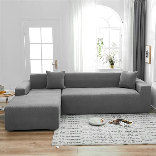 OKJK Sofabezug l Form für Wohnzimmer, Sofa überzug aus Polarfleece Stoff einfarbig All-Inclusive Moderne elastische couchbezug eckcouch, schützende Sofabezüge (Light Gray,B-B 3 Seats 190-230cm) von OKJK