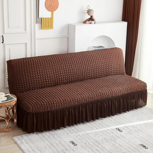 OKJK Sofabezug ohne armlehnen, Seersucker Sofa überzug mit Rock, für Wohnzimmer Schlafzimmer Sofaschoner rutschfest, einfarbiger Möbelschutz, pflegeleicht (Coffee,M 160-190cm) von OKJK