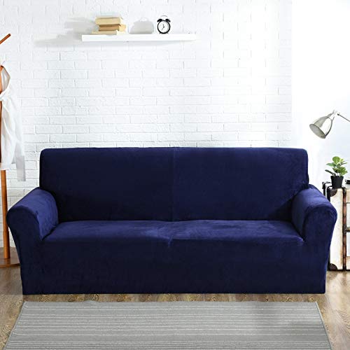 OKJK Velvet Plush Thicken Sofabezug,Mit 2 Kissenbezügen, Für Wohnzimmer Elastische Sofa Protektor, Sofaüberwurf Universal Stretch, (Navy Blue,4 Seater 235-310cm) von OKJK