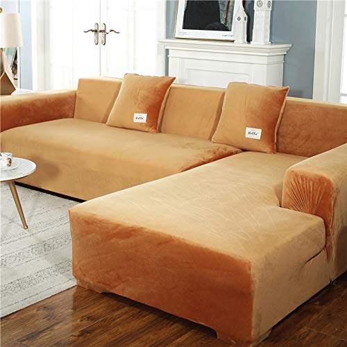 OKJK Verdickte Plüsch sofabezug, mit Kissenbezug für Wohnzimmer L-Form Chaiselongue-Sofa (2 Stück zu bestellen), elastische rutschfeste sofaüberwurf (Golden Yellow,1-Seater 90-140cm) von OKJK