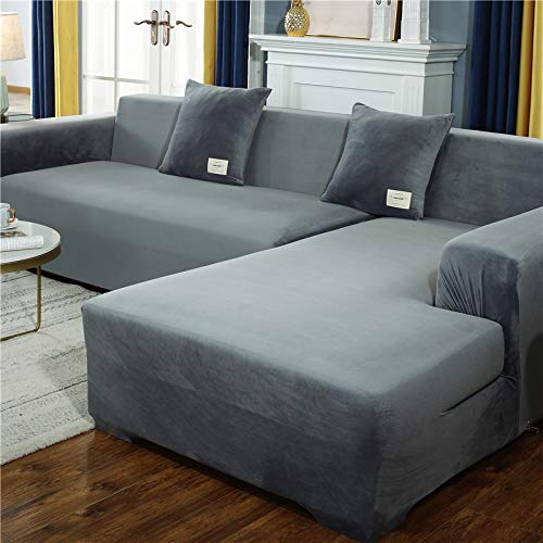 OKJK Verdickte Plüsch sofabezug, mit Kissenbezug für Wohnzimmer L-Form Chaiselongue-Sofa (2 Stück zu bestellen), elastische rutschfeste sofaüberwurf (Light Sliver,3-Seater 190-230cm) von OKJK