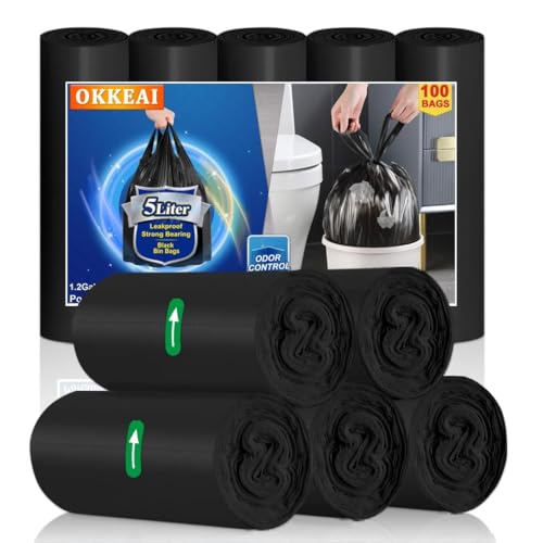 OKKEAI Kleine Müllbeutel 5L Müllsack 100 Stück Schwarz Griffe Abfallbeutel Geeignet für Bad,Toilette von OKKEAI