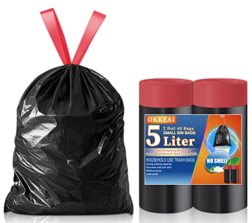 OKKEAI Kleine schwarze Müllbeutel, 5 l, Tretmüllbeutel mit Zuggriff, Kordelzug, 40 Stück, Mini-Müllbeutel für Toilette, Badezimmer, Büro, passend für 3, 4, 5, 6 l Mülleimer von OKKEAI