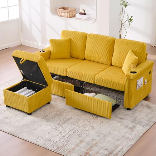 OKMYHOME 3-Sitzer-Sofa – Schlafsofa mit Stauraum und LED, Getränkehalter, Sitzfläche und Rückenlehne aus Schaumstoff, gerippter Velours, senfgelb OKMYHOME 3-Sitzer-Sofa – Schlafsofa mit Stauraum und LED, Getränkehalter, Sitzfläche und Rückenlehne aus Schaumstoff, gerippter Velours, senfgelb von OKMYHOME