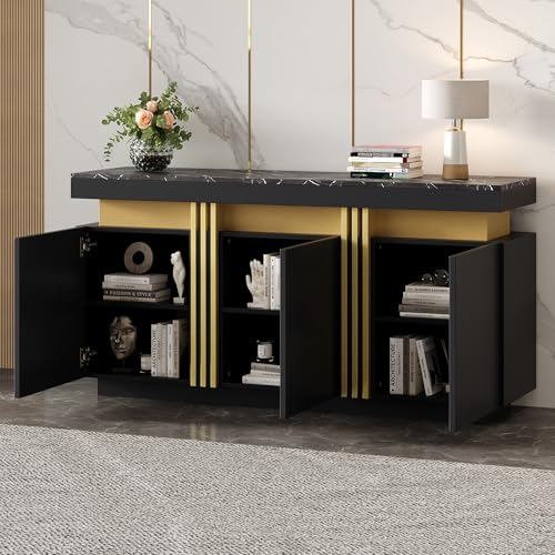 OKMYHOME Anrichte – 3 Schränke und 6 Fächer mit Trennwänden – Spanplatte – 140 x 38 x 70 cm – Schwarz Marmoreffekt Platin von OKMYHOME