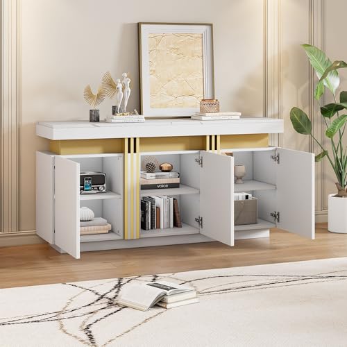 OKMYHOME Anrichte – 3 Schränke und 6 Fächer mit Trennwänden – Spanplatte – 140 x 38 x 70 cm – Weiß Marmoreffekt Platin OKMYHOME Anrichte – 3 Schränke und 6 Fächer mit Trennwänden – Spanplatte – 140 x 38 x 70 cm – Weiß Marmoreffekt Platin von OKMYHOME