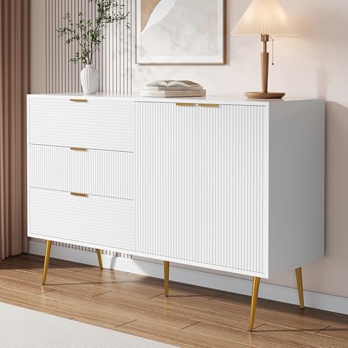 OKMYHOME Anrichte – Aufbewahrungsschrank mit Türen und 3 Schubladen – Griffe und Füße in Gold – 120 x 38 x 80,5 cm – Weiß und Gold OKMYHOME Anrichte – Aufbewahrungsschrank mit Türen und 3 Schubladen – Griffe und Füße in Gold – 120 x 38 x 80,5 cm – Weiß und Gold von OKMYHOME
