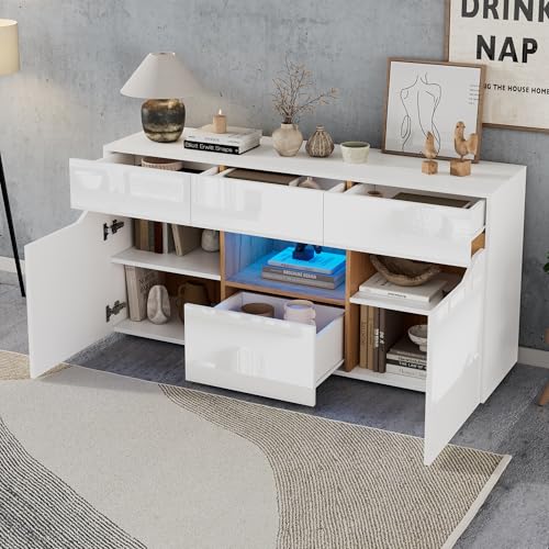 OKMYHOME Anrichte – Lowboard mit 4 Schubladen und 2 Fächern, LED-Beleuchtung steuerbar, Spanplatte, 140 x 40 x 70 cm – Weiß + Naturholz OKMYHOME Anrichte – Lowboard mit 4 Schubladen und 2 Fächern, LED-Beleuchtung steuerbar, Spanplatte, 140 x 40 x 70 cm – Weiß + Naturholz von OKMYHOME