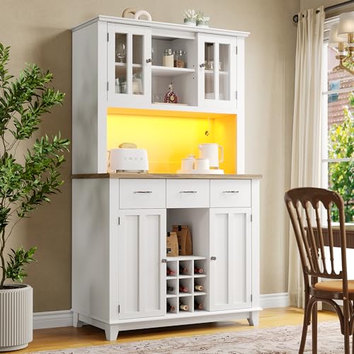 OKMYHOME Anrichte hoch weiß – Anrichte mit verstellbaren Regalen, integrierte LED-Beleuchtung und 3 Schubladen, 106 x 40 x 179,5 cm von OKMYHOME