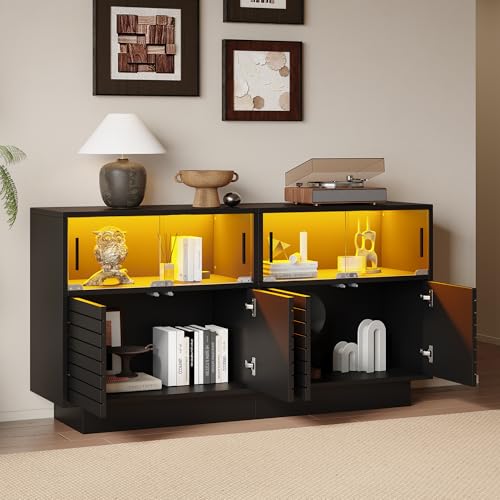 OKMYHOME Anrichte – mit LED Fernbedienung und 4 Türen aus Glas – Spanplatte und Hartglas – 130 x 35 x 68 cm – Schwarz OKMYHOME Anrichte – mit LED Fernbedienung und 4 Türen aus Glas – Spanplatte und Hartglas – 130 x 35 x 68 cm – Schwarz von OKMYHOME