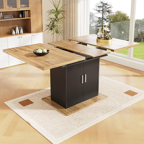 OKMYHOME Ausziehbarer Esstisch mit 3 Ablagefächern, MDF, 110-140 x 70 x 76 cm, Schwarz und Natur von OKMYHOME