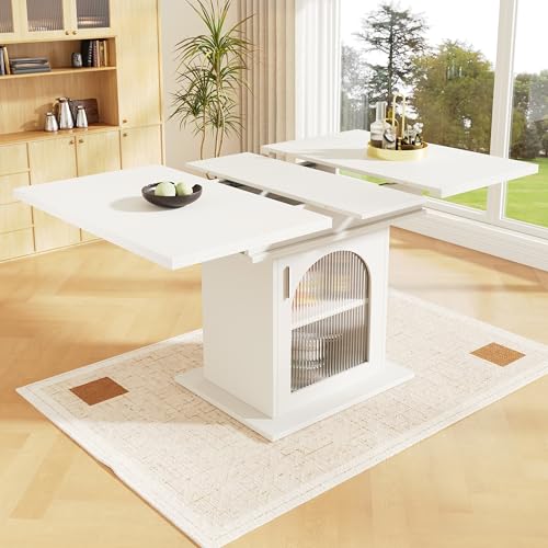 OKMYHOME Ausziehbarer Esstisch mit 3 Ablagefächern, MDF und Glas, 110-140 x 80 x 76 cm, Weiß von OKMYHOME