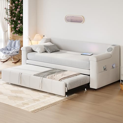 OKMYHOME Ausziehbett 90/180 x 190 cm – Einzelbett mit Stauraum und großen Armlehnen, USB-Bluetooth-System, Velours, Beige OKMYHOME Ausziehbett 90/180 x 190 cm – Einzelbett mit Stauraum und großen Armlehnen, USB-Bluetooth-System, Velours, Beige von OKMYHOME