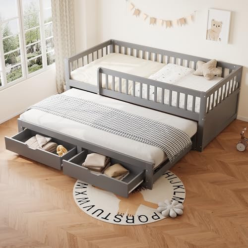 OKMYHOME Ausziehbett 90 x 200 cm – Einzelbett mit Sicherheitsbarriere und 2 Aufbewahrungsschubladen, ohne Matratze, Massivholz und MDF, grau OKMYHOME Ausziehbett 90 x 200 cm – Einzelbett mit Sicherheitsbarriere und 2 Aufbewahrungsschubladen, ohne Matratze, Massivholz und MDF, grau von OKMYHOME