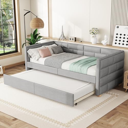 OKMYHOME Ausziehbett 90 x 200 cm – Einzelbett mit ausziehbarem Unterbett 90 x 190 cm – Leinen + MDF – ohne Matratze – Grau OKMYHOME Ausziehbett 90 x 200 cm – Einzelbett mit ausziehbarem Unterbett 90 x 190 cm – Leinen + MDF – ohne Matratze – Grau von OKMYHOME