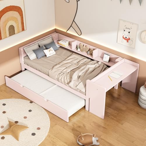 OKMYHOME Ausziehbett 90 x 200 cm – Kombibett für Kinder mit Schreibtisch und 3 Ablagen – ohne Matratze – Rosa OKMYHOME Ausziehbett 90 x 200 cm – Kombibett für Kinder mit Schreibtisch und 3 Ablagen – ohne Matratze – Rosa von OKMYHOME