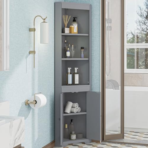 OKMYHOME Badezimmerschrank mit 2 Türen und verstellbarem Regal – MDF – Grau – 49,5 x 35 x 170 cm OKMYHOME Badezimmerschrank mit 2 Türen und verstellbarem Regal – MDF – Grau – 49,5 x 35 x 170 cm von OKMYHOME
