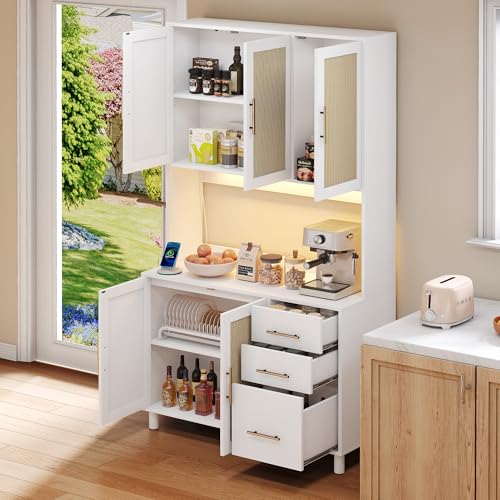 OKMYHOME Bahuts Sideboard mit LED-Beleuchtung, Bluetooth, 2 USB-Anschlüsse, 2 Steckdosen und 3 Aufbewahrungsschubladen – Natur von OKMYHOME