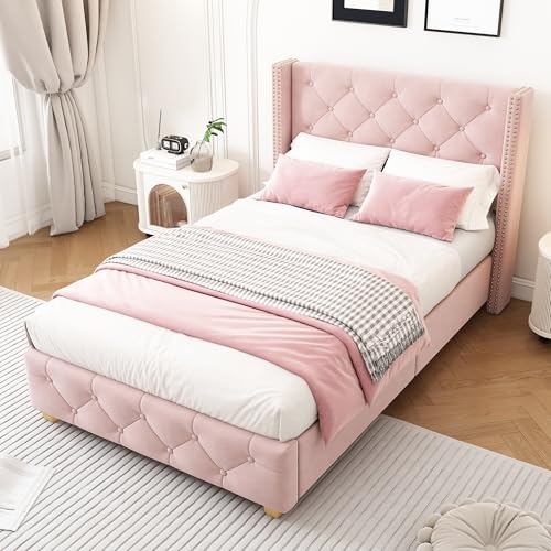 OKMYHOME Bett, mit Bettkasten, 90 x 200 cm, gepolstert, mit Kopfteil, Lattenrost, Samt, ohne Matratze, Rosa von OKMYHOME