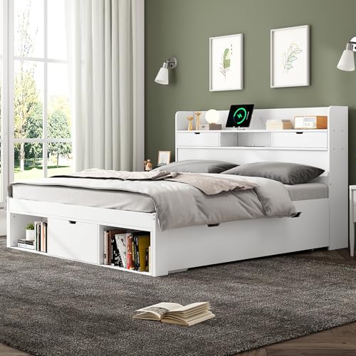 OKMYHOME Bett mit Aufbewahrung, 180 x 200 cm – Doppelbett mit USB und Schubladen, integrierter Schrank – ohne Matratze – Holz weiß OKMYHOME Bett mit Aufbewahrung, 180 x 200 cm – Doppelbett mit USB und Schubladen, integrierter Schrank – ohne Matratze – Holz weiß von OKMYHOME