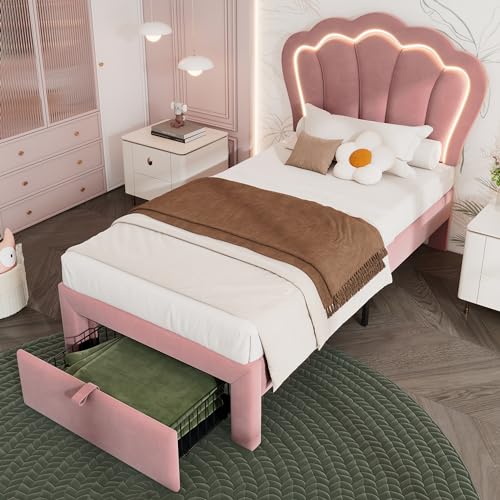 OKMYHOME Bett mit Aufbewahrung, 90 x 200 cm, gepolstertes Kinderbett mit Schubladen, LED APP-Control und verstellbarem Kopf, Samtbezug – Rosa, ohne Matratze OKMYHOME Bett mit Aufbewahrung, 90 x 200 cm, gepolstertes Kinderbett mit Schubladen, LED APP-Control und verstellbarem Kopf, Samtbezug – Rosa, ohne Matratze von OKMYHOME