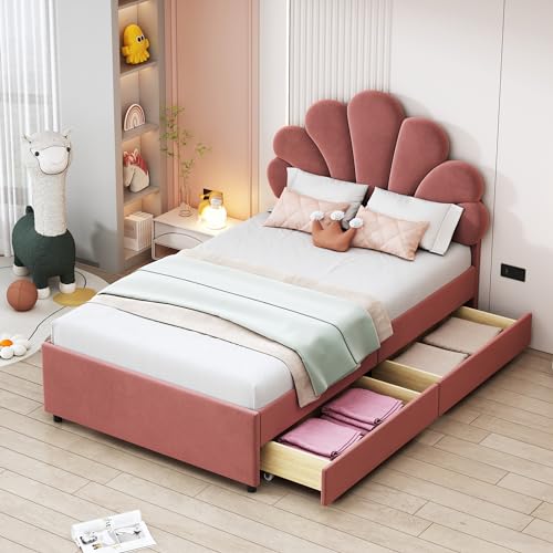 OKMYHOME Bett mit Aufbewahrung, 90 x 200 cm – Einzelbett für Kinder, Mädchen, gepolstert, mit 2 Ablagefächern und Lattenrost, Samt + Holz, Rosa, ohne Matratze OKMYHOME Bett mit Aufbewahrung, 90 x 200 cm – Einzelbett für Kinder, Mädchen, gepolstert, mit 2 Ablagefächern und Lattenrost, Samt + Holz, Rosa, ohne Matratze von OKMYHOME