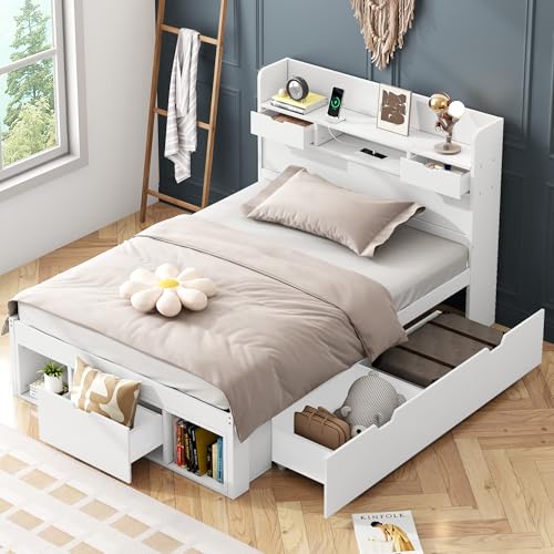 OKMYHOME Bett mit Aufbewahrung, 90 x 200 cm – Einzelbett mit USB und Schubladen, integrierter Schrank – ohne Matratze – Holz weiß OKMYHOME Bett mit Aufbewahrung, 90 x 200 cm – Einzelbett mit USB und Schubladen, integrierter Schrank – ohne Matratze – Holz weiß von OKMYHOME