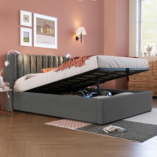 OKMYHOME Bett mit Bettkasten, 140 x 200 cm, Doppelbett, mit Leselampe und USB-Anschlüssen, Samt, ohne Matratze, Grau OKMYHOME Bett mit Bettkasten, 140 x 200 cm, Doppelbett, mit Leselampe und USB-Anschlüssen, Samt, ohne Matratze, Grau von OKMYHOME