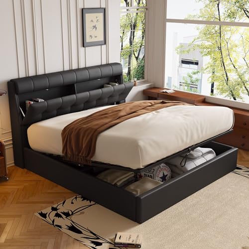 OKMYHOME Bett mit Bettkasten, 140 x 200 cm, gepolstert, mit Kopfteil und versteckter Aufbewahrung, PU, ohne Matratze, Schwarz OKMYHOME Bett mit Bettkasten, 140 x 200 cm, gepolstert, mit Kopfteil und versteckter Aufbewahrung, PU, ohne Matratze, Schwarz von OKMYHOME
