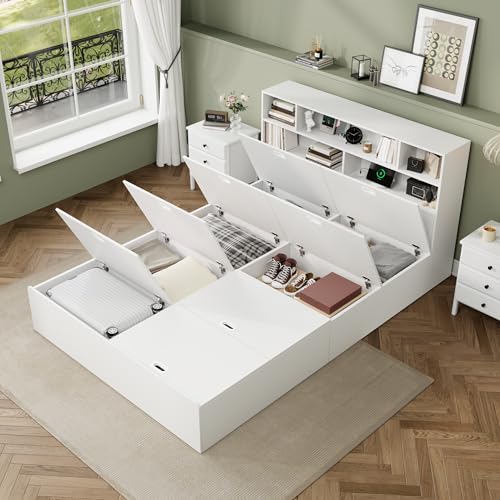 OKMYHOME Bett mit Bettkasten, 140 x 200 cm – Doppelbett mit Stauraum und USB-Anschluss, MDF-Struktur, ohne Matratze, Weiß von OKMYHOME