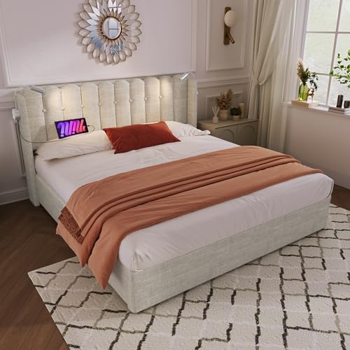 OKMYHOME Bett mit Bettkasten, 160 x 200 cm, Doppelbett mit Leselampe und USB-Anschlüssen, Leinen, ohne Matratze, Beige von OKMYHOME