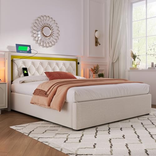 OKMYHOME Bett mit Bettkasten, 160 x 200 cm, Doppelbett mit USB Typ C und LED, Baumwolle, ohne Matratze, Beige von OKMYHOME