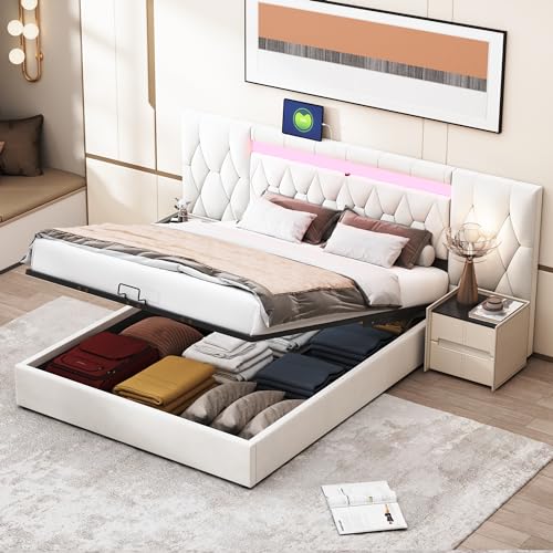 OKMYHOME Bett mit Bettkasten, 160 x 200 cm, Doppelbett mit großer Rückenlehne, LED und USB-Anschluss – + Sperrholz + MDF – ohne Matratze – Beige von OKMYHOME