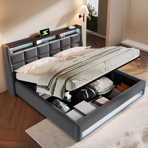 OKMYHOME Bett mit Bettkasten, 160 x 200 cm, für Jugendliche, mit USB und LED, Leinen, mit Matratze, Grau OKMYHOME Bett mit Bettkasten, 160 x 200 cm, für Jugendliche, mit USB und LED, Leinen, mit Matratze, Grau von OKMYHOME