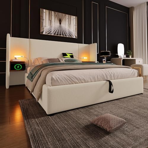 OKMYHOME Bett mit Bettkasten, 160 x 200 cm, gepolstert, mit Nachttisch und Leselampe, Leinen, ohne Matratze, Beige OKMYHOME Bett mit Bettkasten, 160 x 200 cm, gepolstert, mit Nachttisch und Leselampe, Leinen, ohne Matratze, Beige von OKMYHOME