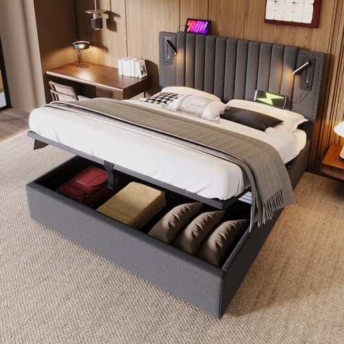 OKMYHOME Bett mit Bettkasten, 160 x 200 cm, gepolstert, mit Stauraum, Leselampe und USB/Typ-C, ohne Matratze, Baumwolle, Grau OKMYHOME Bett mit Bettkasten, 160 x 200 cm, gepolstert, mit Stauraum, Leselampe und USB/Typ-C, ohne Matratze, Baumwolle, Grau von OKMYHOME
