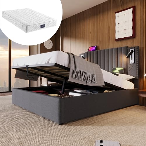 OKMYHOME Bett mit Bettkasten, 160 x 200 cm, gepolstert, mit Stauraum, Leselampe und USB-Anschlüssen, Matratze inklusive, Baumwolle, Grau OKMYHOME Bett mit Bettkasten, 160 x 200 cm, gepolstert, mit Stauraum, Leselampe und USB-Anschlüssen, Matratze inklusive, Baumwolle, Grau von OKMYHOME
